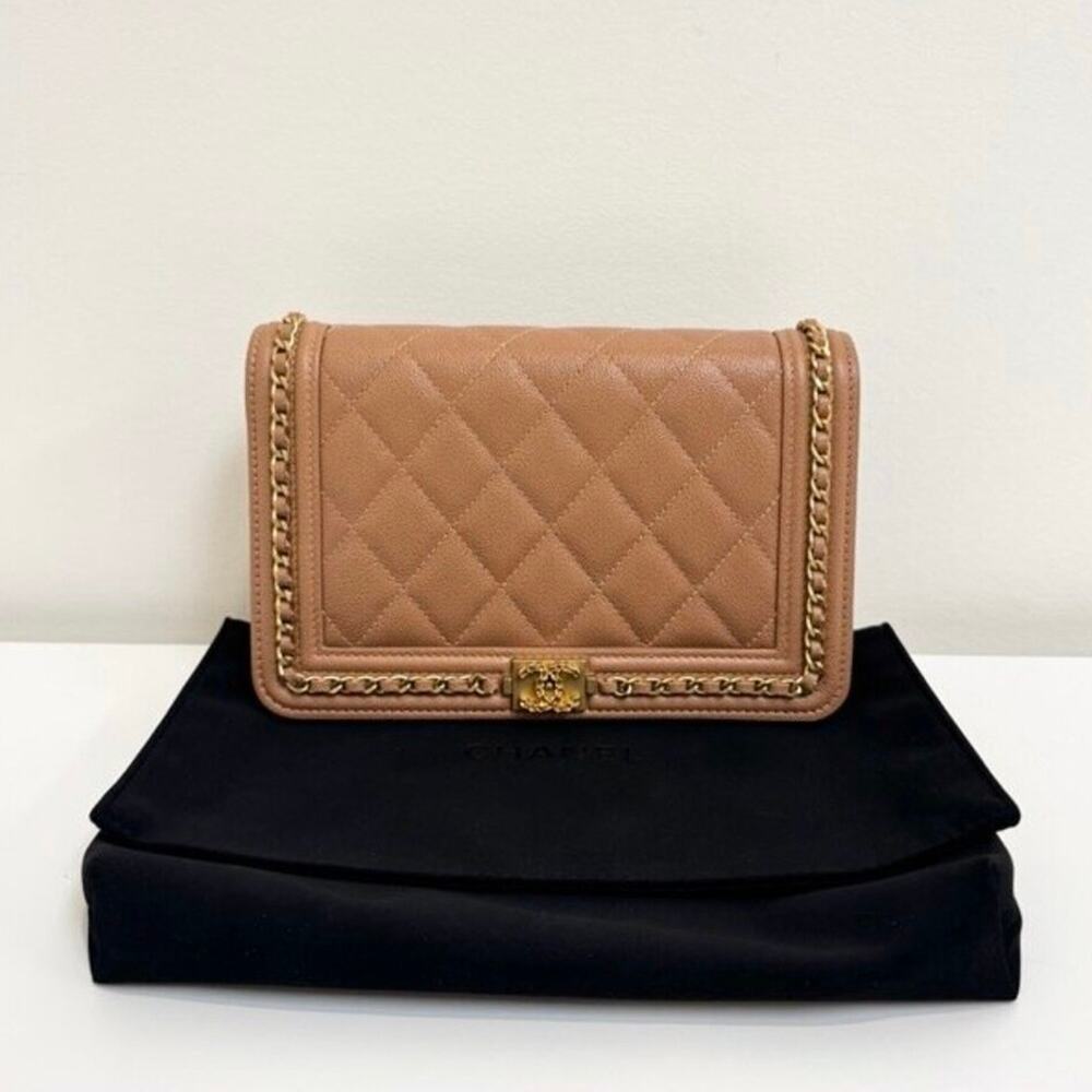 CHANEL Beige Quilted Caviar Leather Boy Wallet on Chain Gold CC Flap Bag NEW WOC